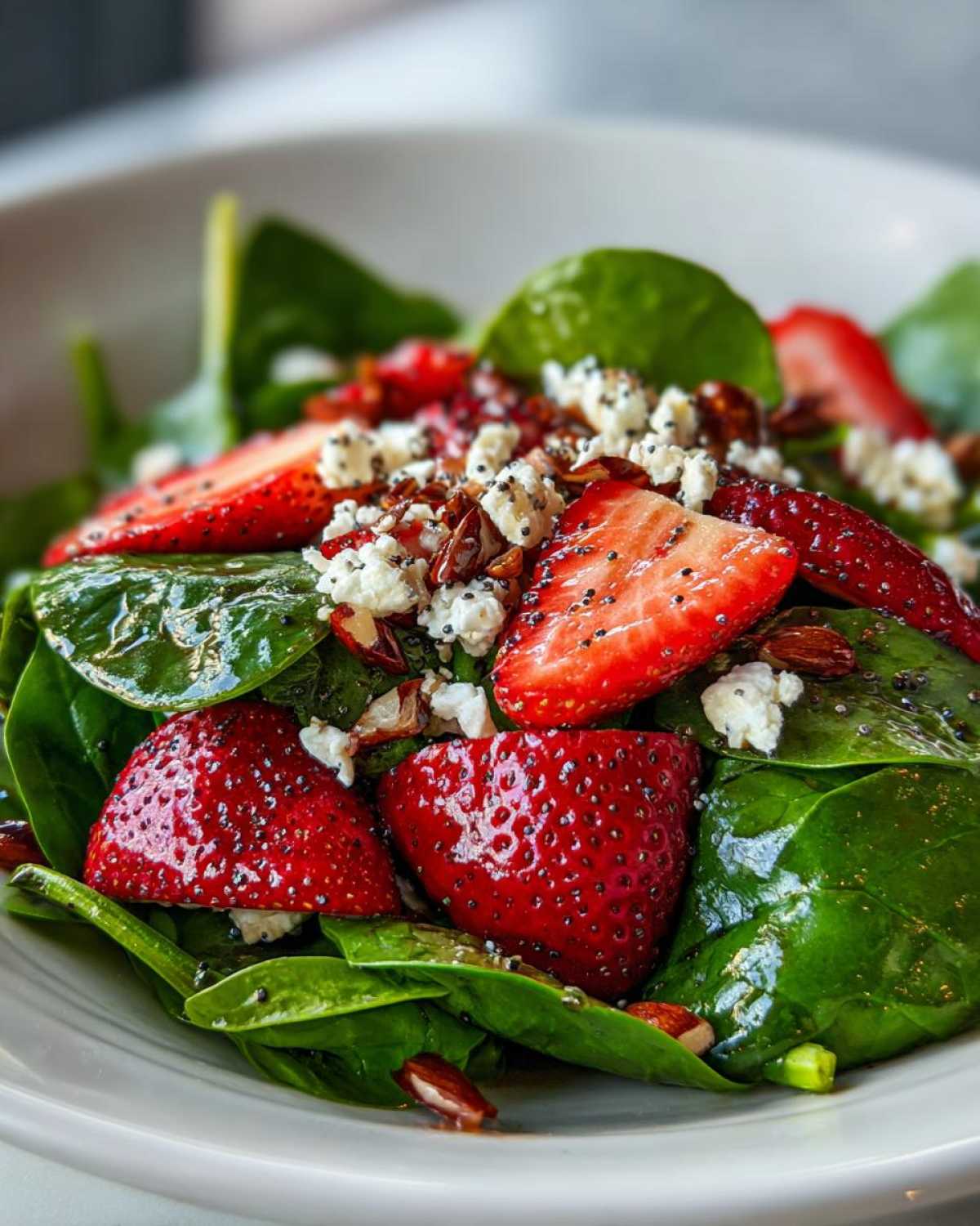 A vibrant close-up of a Strawberry Spinach Salad featuring sliced strawberries, feta cheese, nuts, and poppy seeds.