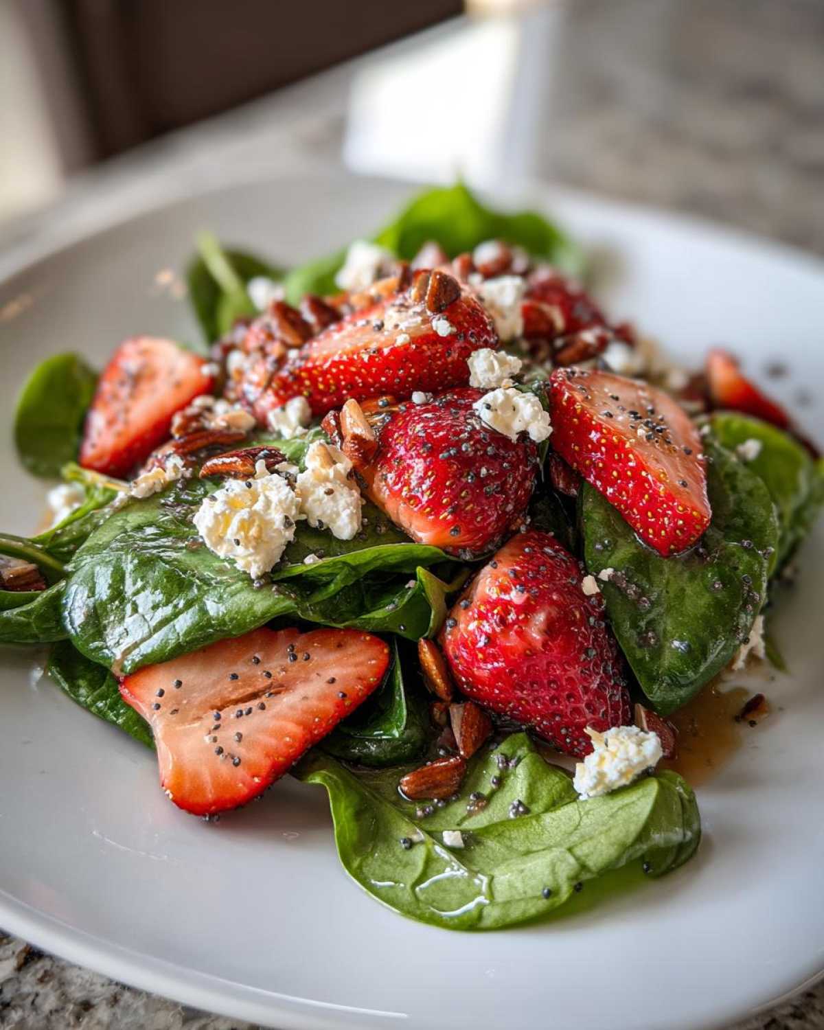 Close-up of a vibrant Strawberry Spinach Salad with feta cheese and pecans, drizzled with dressing.