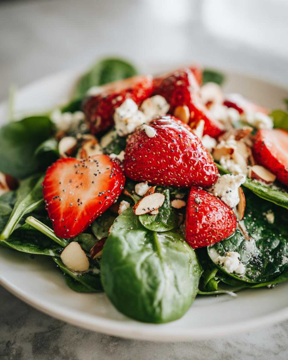 Close-up of a vibrant Strawberry Spinach Salad featuring fresh spinach, sliced strawberries, feta cheese, and slivered almonds.