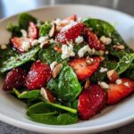 Close-up of a vibrant Strawberry Spinach Salad with poppy seeds, feta cheese crumbles, and sliced almonds.