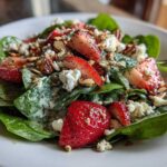 Close-up of a vibrant Strawberry Spinach Salad with poppy seed dressing, feta cheese, and toasted almonds.