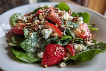 Close-up of a vibrant Strawberry Spinach Salad with poppy seed dressing, feta cheese, and toasted almonds.