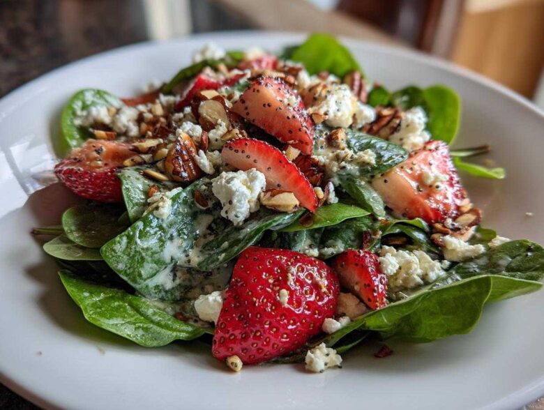 Close-up of a vibrant Strawberry Spinach Salad with poppy seed dressing, feta cheese, and toasted almonds.