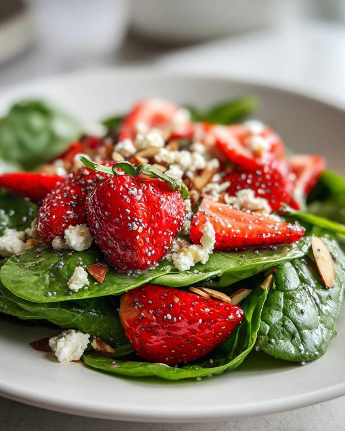 A close-up of a vibrant Strawberry Spinach Salad featuring fresh spinach, sliced strawberries coated in poppy seeds, feta cheese, and slivered almonds.