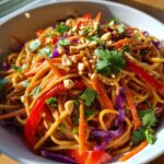 A vibrant bowl of Thai Peanut Noodles with Crunchy Veggies, topped with peanuts and cilantro.