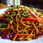 A vibrant bowl of Thai Peanut Noodles with Crunchy Veggies, topped with peanuts and fresh cilantro.