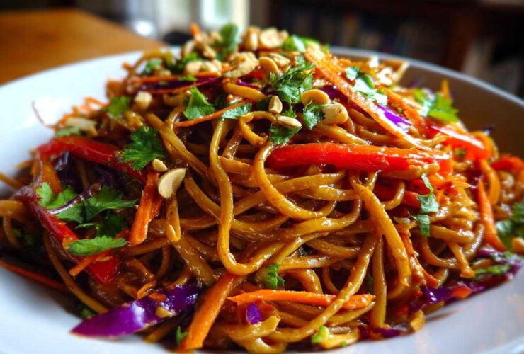 A vibrant bowl of Thai Peanut Noodles with Crunchy Veggies, topped with peanuts and fresh cilantro.