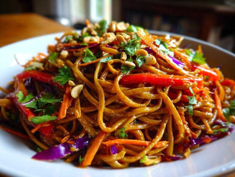 A vibrant bowl of Thai Peanut Noodles with Crunchy Veggies, topped with peanuts and fresh cilantro.