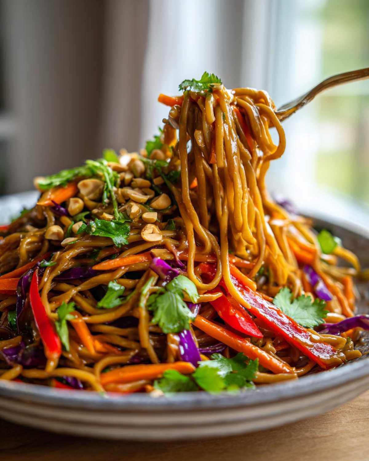 A fork lifting noodles coated in peanut sauce from a bowl of Thai Peanut Noodles with Crunchy Veggies.
