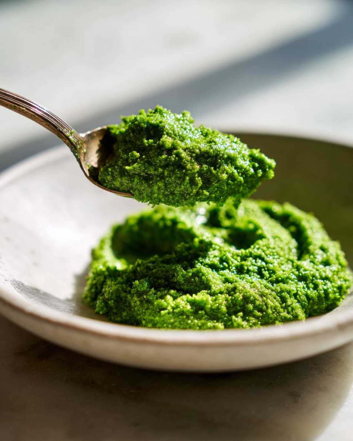 A spoonful of vibrant green Vegan Basil Pesto being lifted from a small bowl.