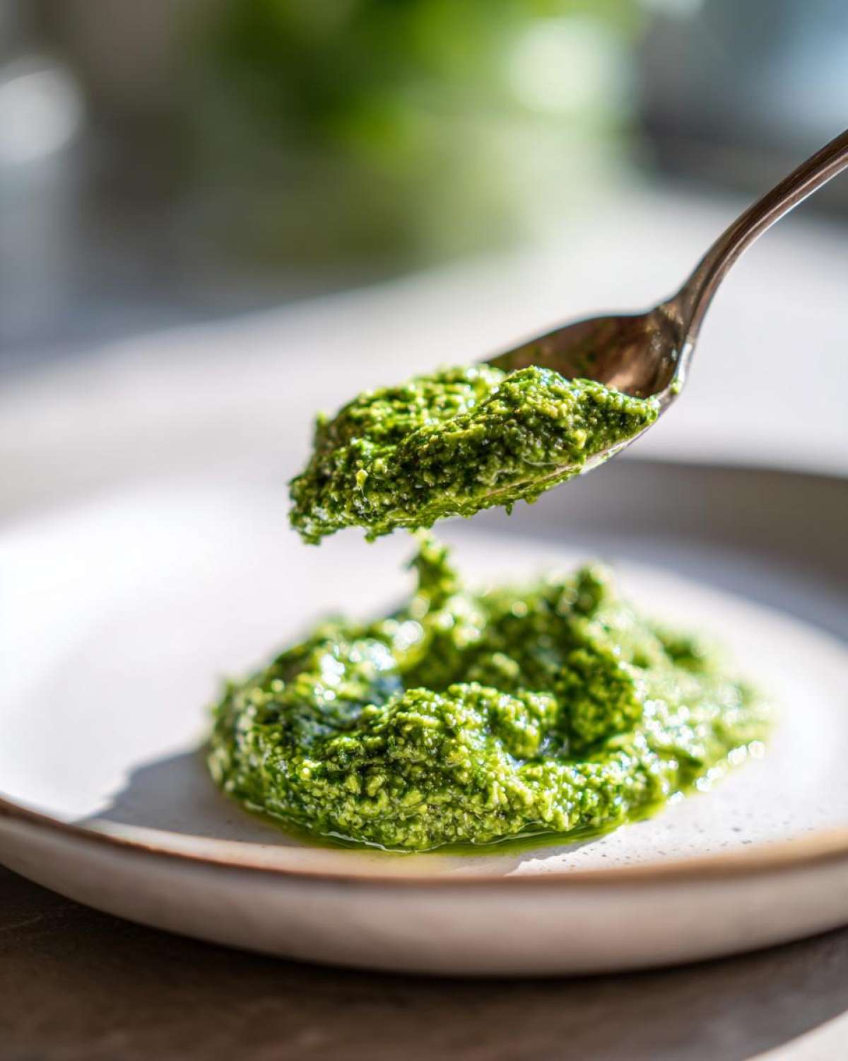 A spoonful of bright green Vegan Basil Pesto being lifted above a dollop of the sauce on a light-colored plate.