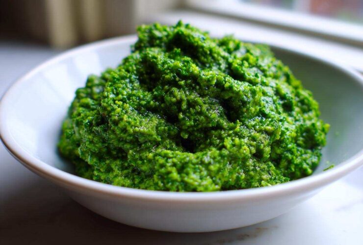 A close-up of vibrant green, textured Vegan Basil Pesto piled high in a small white bowl.