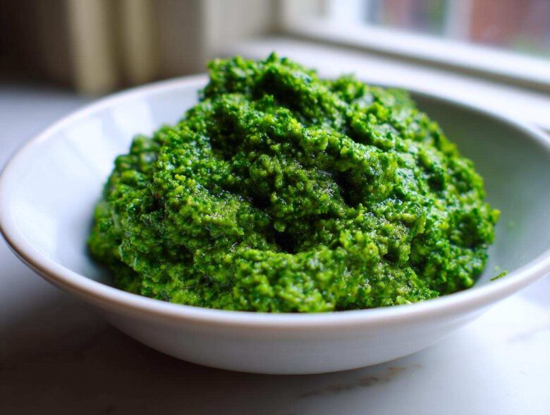 A close-up of vibrant green, textured Vegan Basil Pesto piled high in a small white bowl.