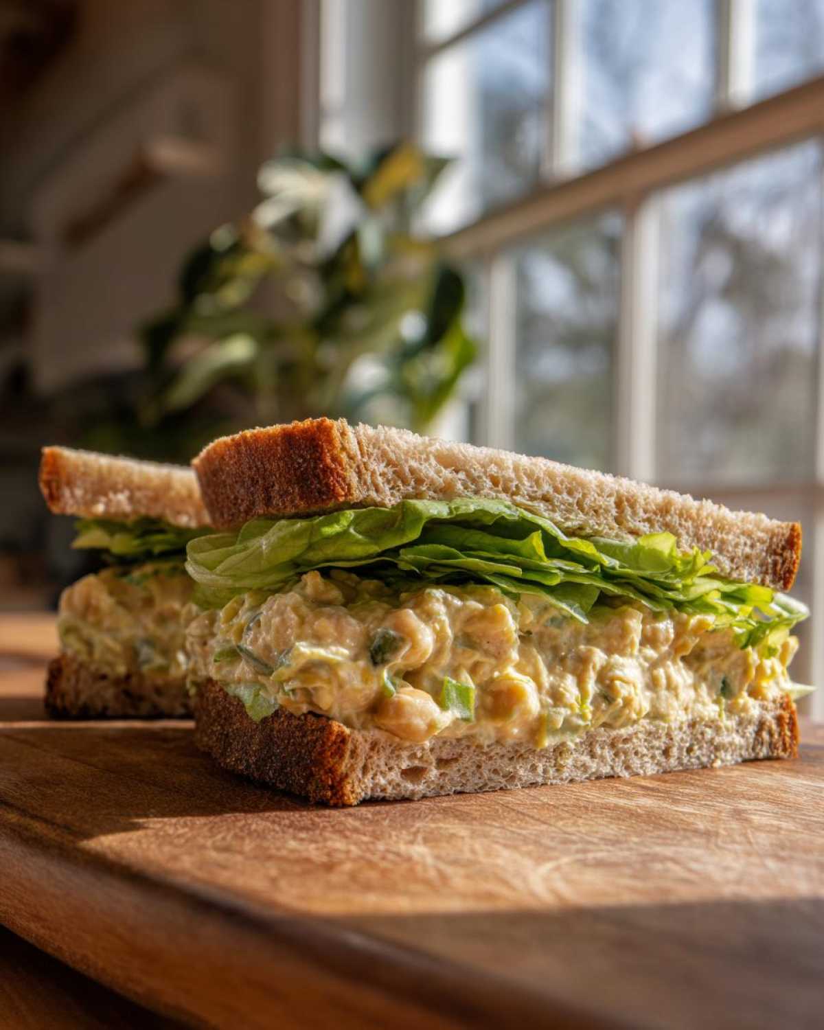 A cross-section of a Vegan Chickpea Salad Sandwich showing creamy filling and lettuce between two slices of whole-grain bread.
