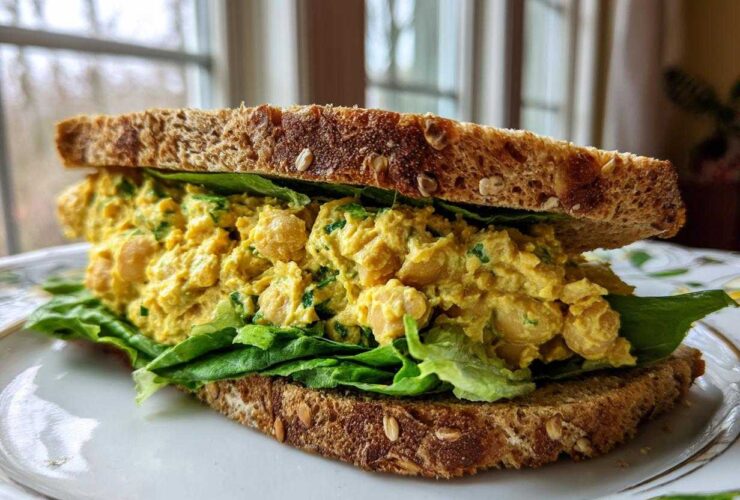 A close-up of a hearty Vegan Chickpea Salad Sandwich layered with bright yellow filling and crisp lettuce on seeded brown bread.