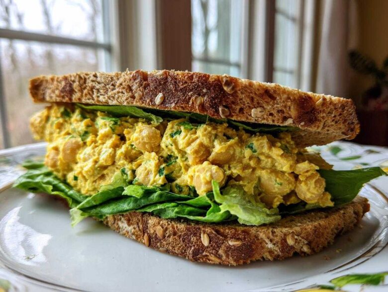 A close-up of a hearty Vegan Chickpea Salad Sandwich layered with bright yellow filling and crisp lettuce on seeded brown bread.