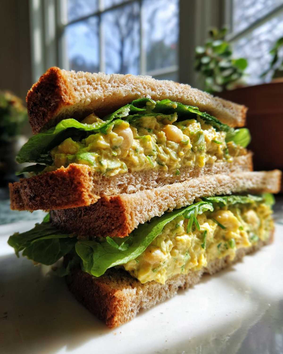 Close-up of a stacked Vegan Chickpea Salad Sandwich made with whole wheat bread and fresh lettuce.