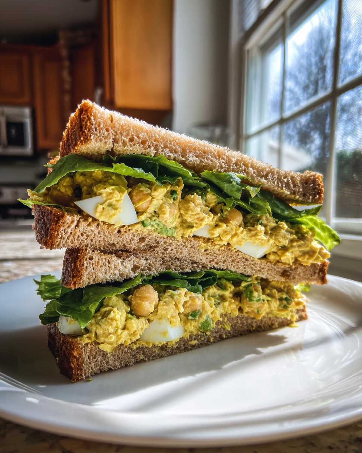 A perfectly stacked Vegan Chickpea Salad Sandwich cut in half, showing the yellow chickpea filling, lettuce, and white chunks on whole wheat bread.