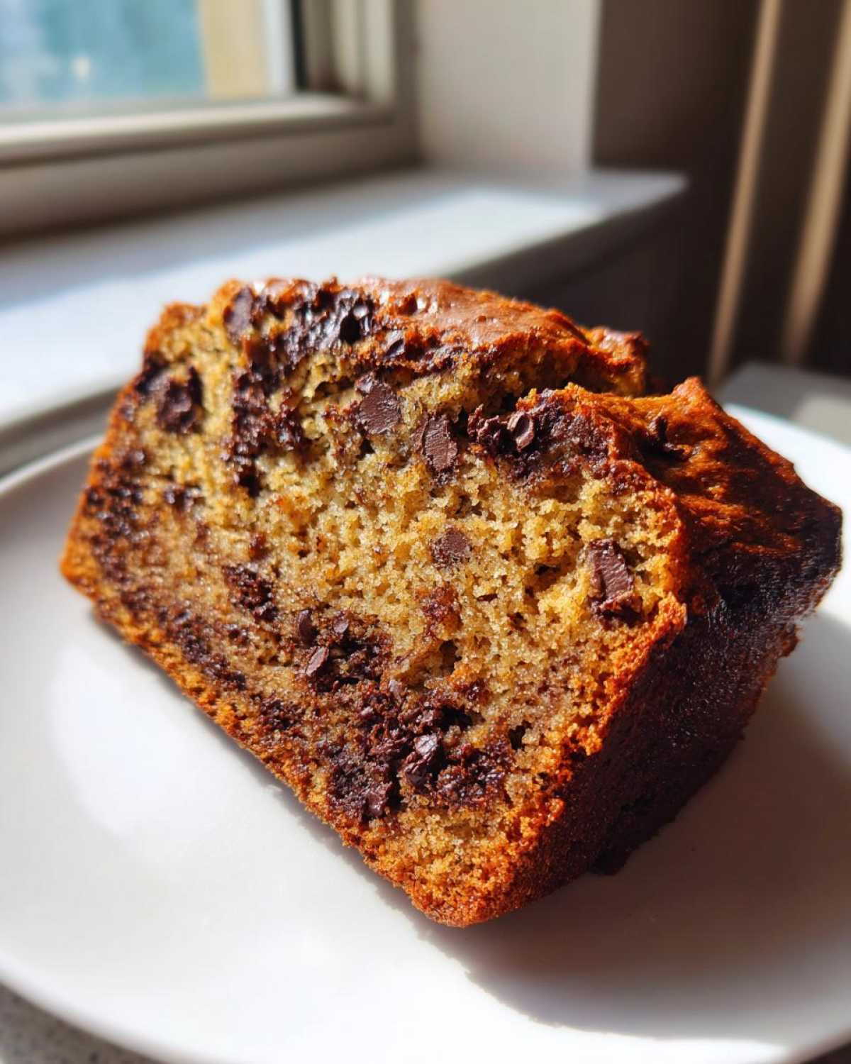 Close-up of a moist slice of Vegan Chocolate Banana Bread packed with melted chocolate chips.