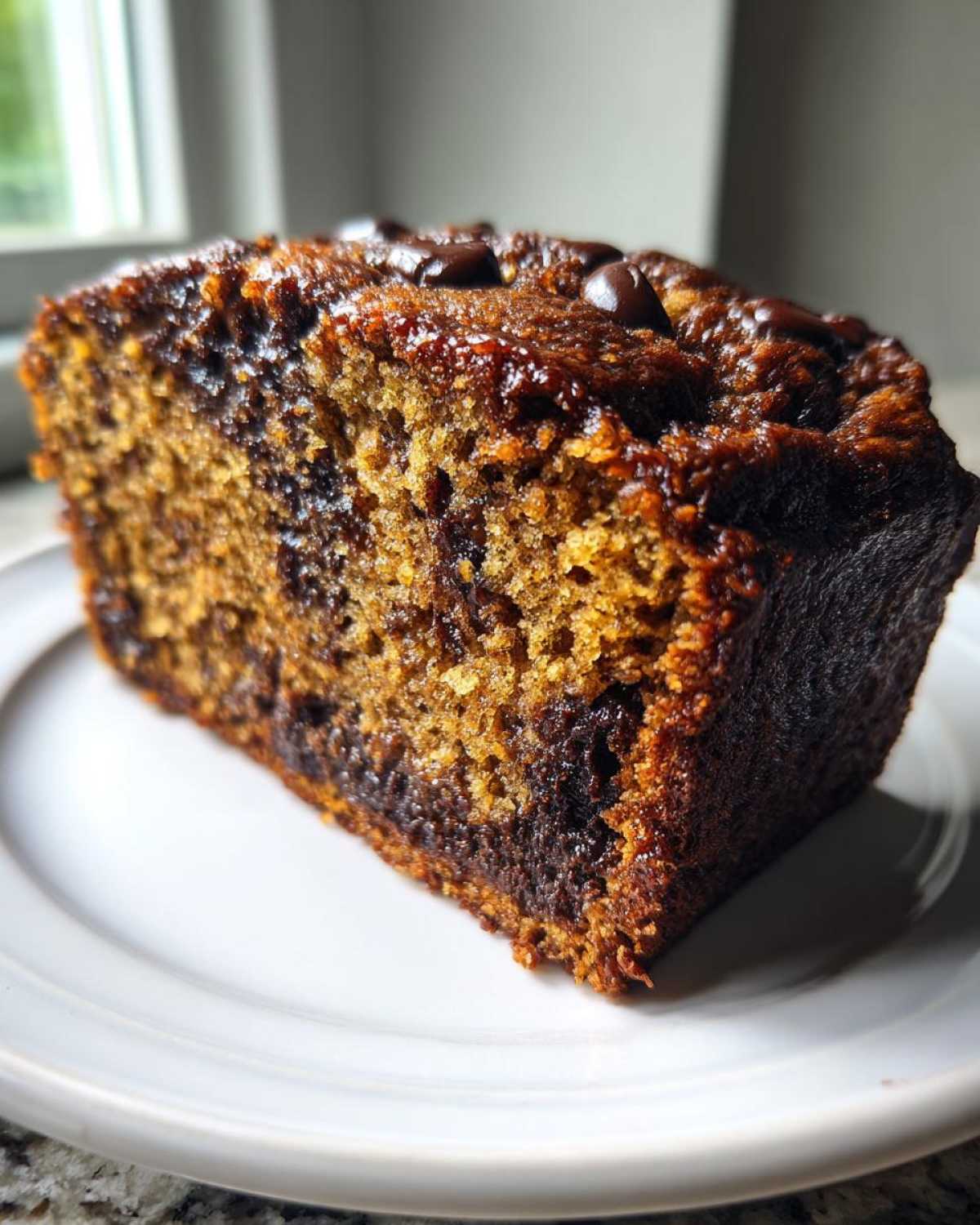 Close-up of a moist slice of Vegan Chocolate Banana Bread on a white plate, showing rich color and melted chocolate chips.