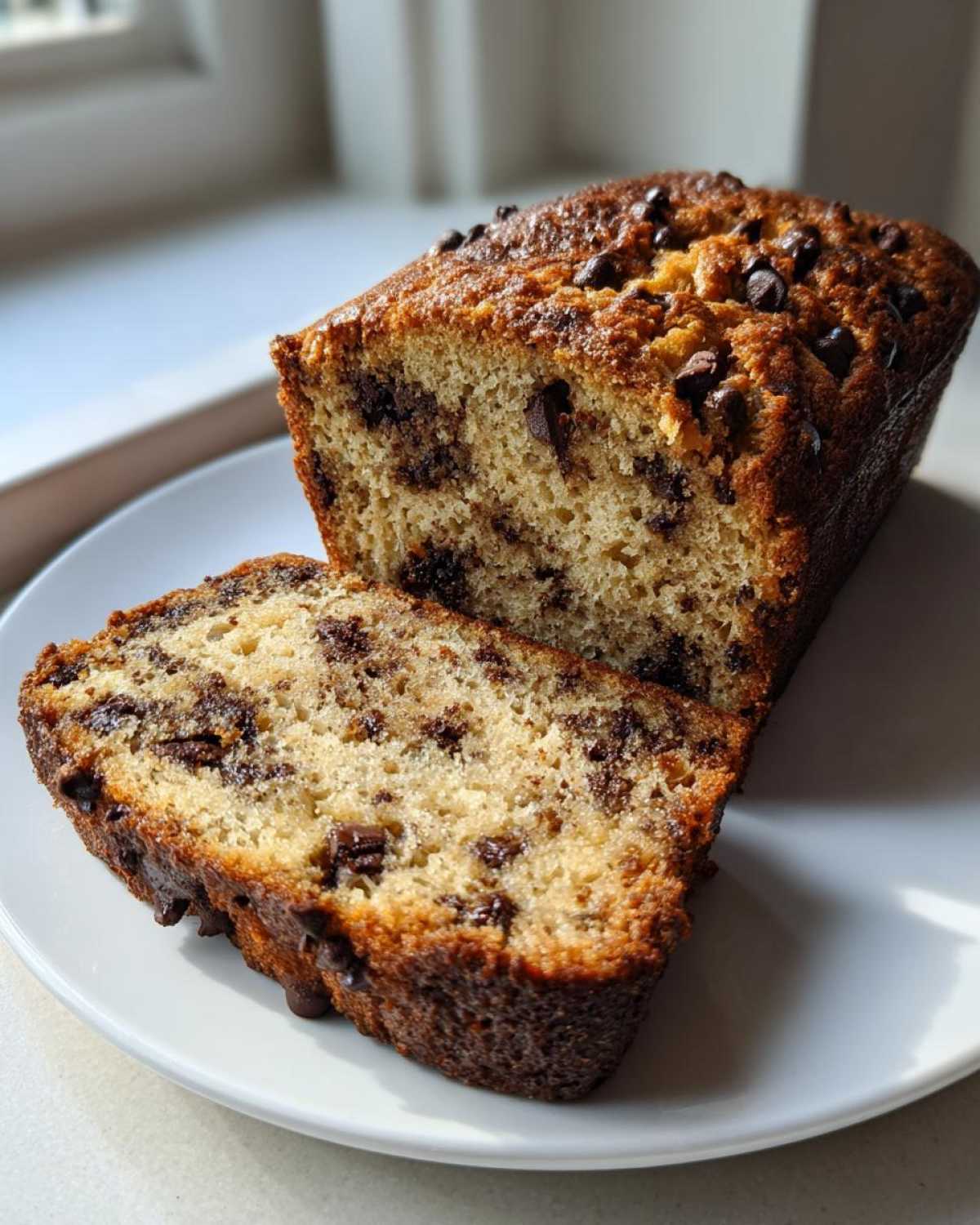 A loaf of Vegan Chocolate Banana Bread, partially sliced, showing moist texture and abundant chocolate chips.