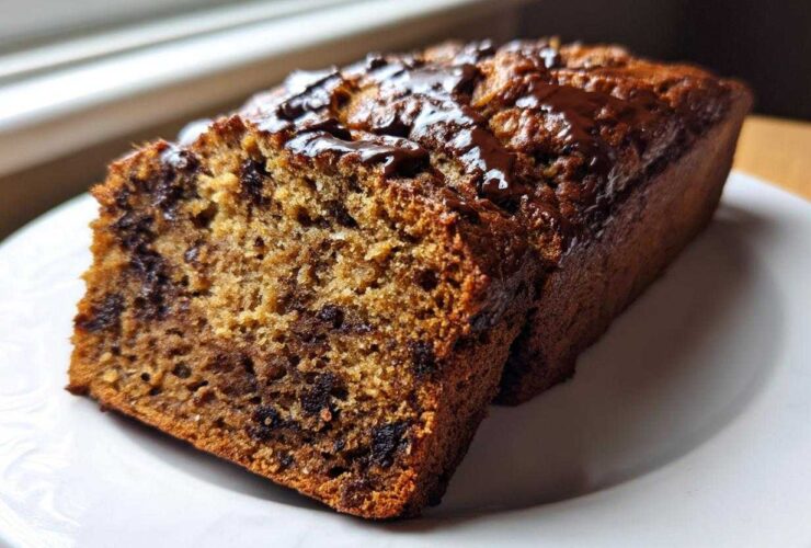 A close-up slice of moist Vegan Chocolate Banana Bread with melted chocolate drizzle on top, resting on a white plate.