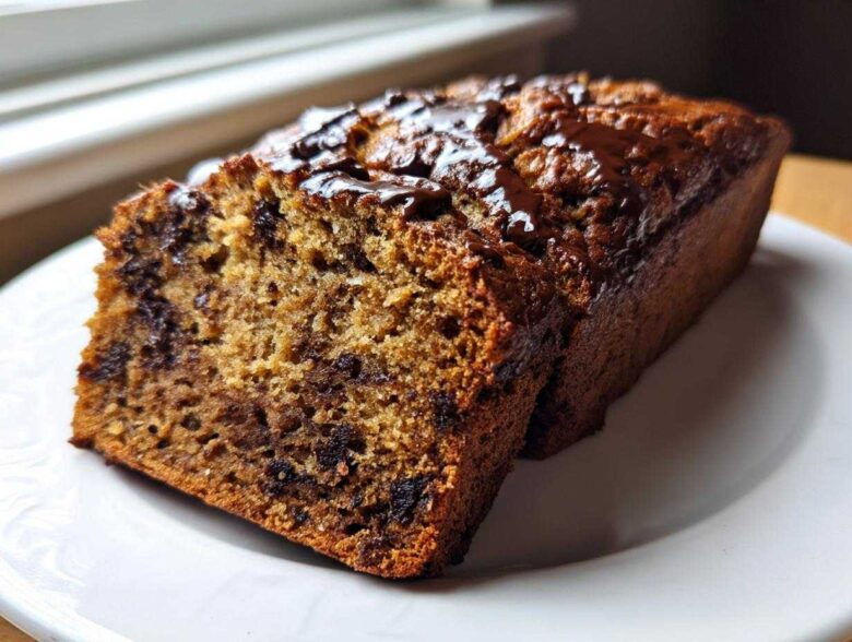 A close-up slice of moist Vegan Chocolate Banana Bread with melted chocolate drizzle on top, resting on a white plate.