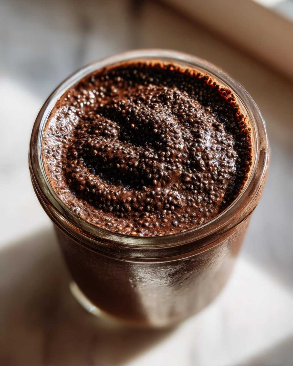 Overhead close-up of thick Vegan Chocolate Chia Pudding texture in a glass jar.