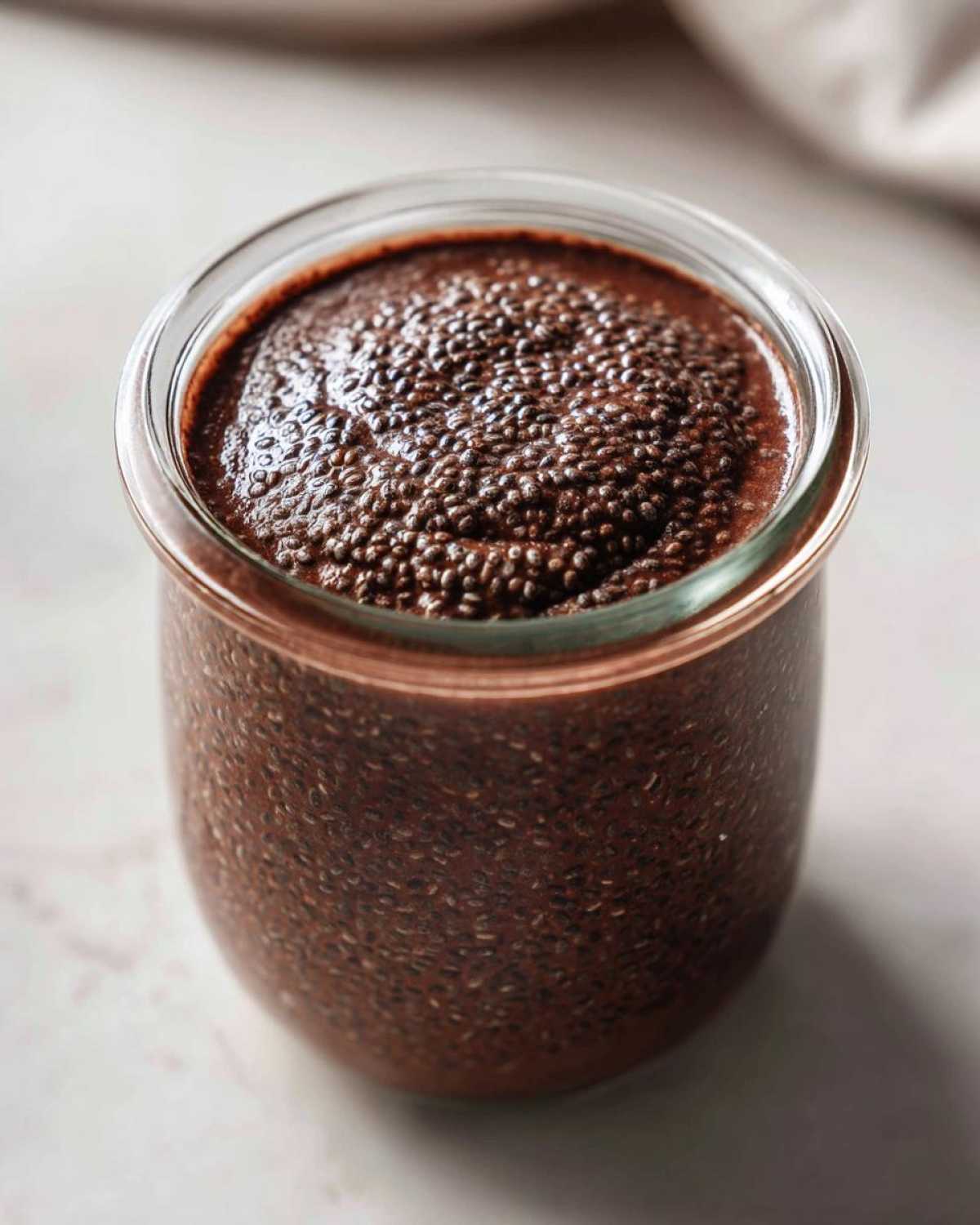 Close-up of thick Vegan Chocolate Chia Pudding filling a small glass jar, showing the texture of the soaked chia seeds.