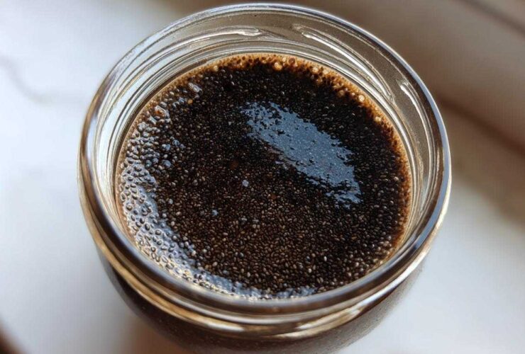 Overhead view of dark, rich Vegan Chocolate Chia Pudding mixture soaking in a glass jar.