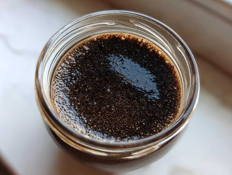 Overhead view of dark, rich Vegan Chocolate Chia Pudding mixture soaking in a glass jar.