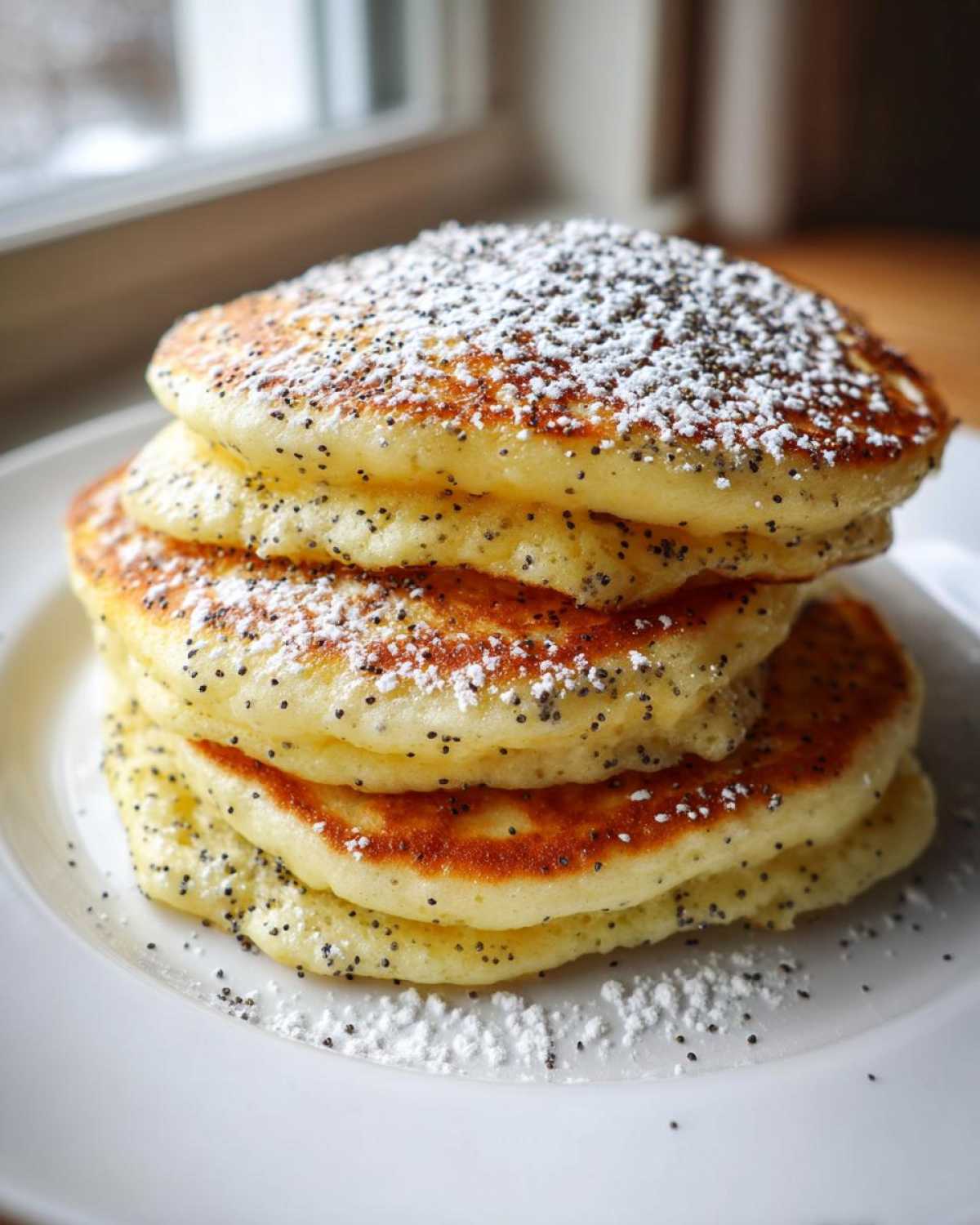 A tall stack of golden Vegan Lemon Poppy Seed Pancakes speckled with poppy seeds and dusted heavily with powdered sugar.