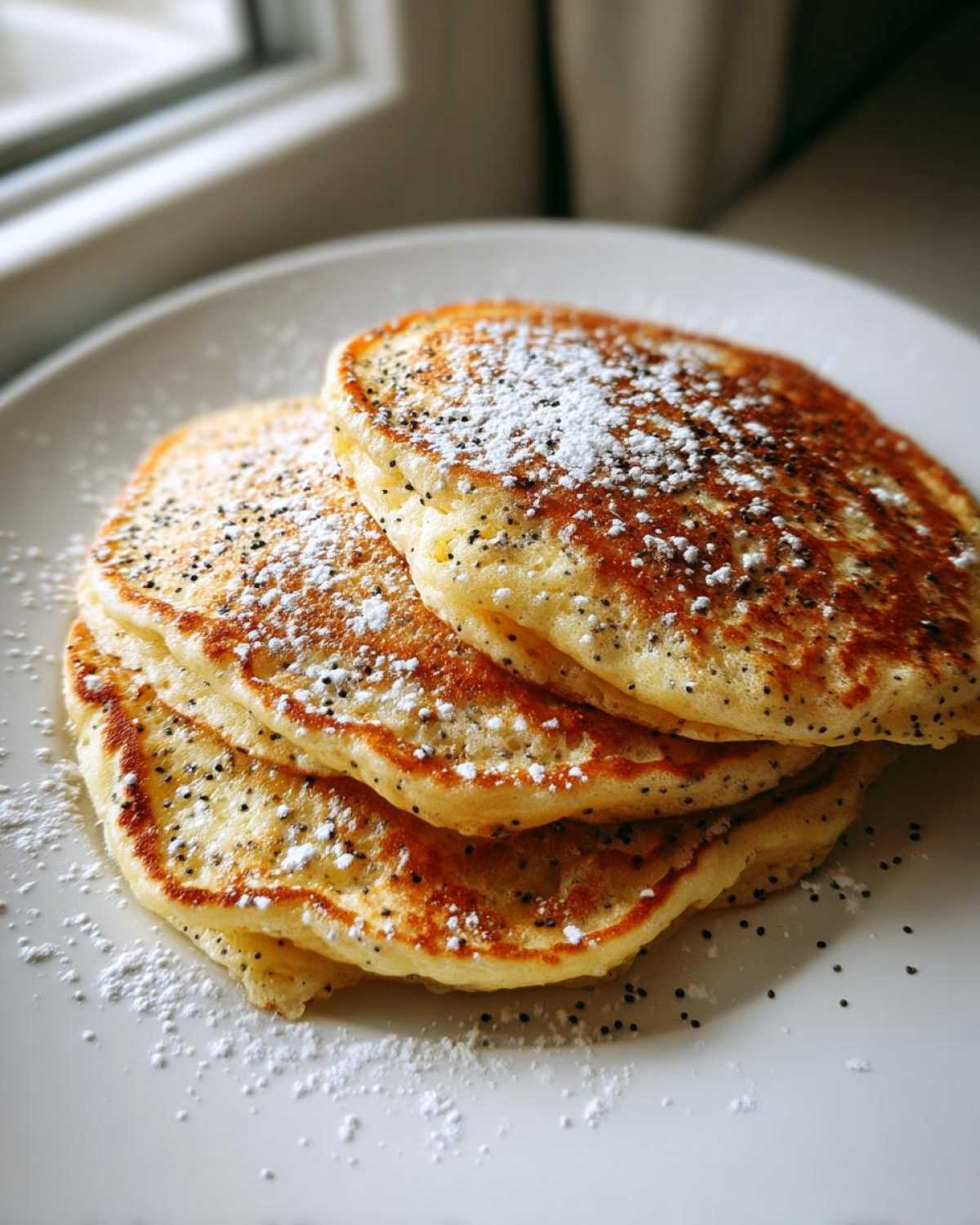 A stack of three golden-brown Vegan Lemon Poppy Seed Pancakes dusted heavily with powdered sugar.