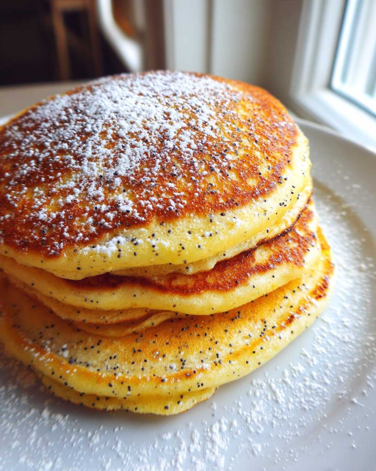 A tall stack of fluffy Vegan Lemon Poppy Seed Pancakes dusted with powdered sugar.