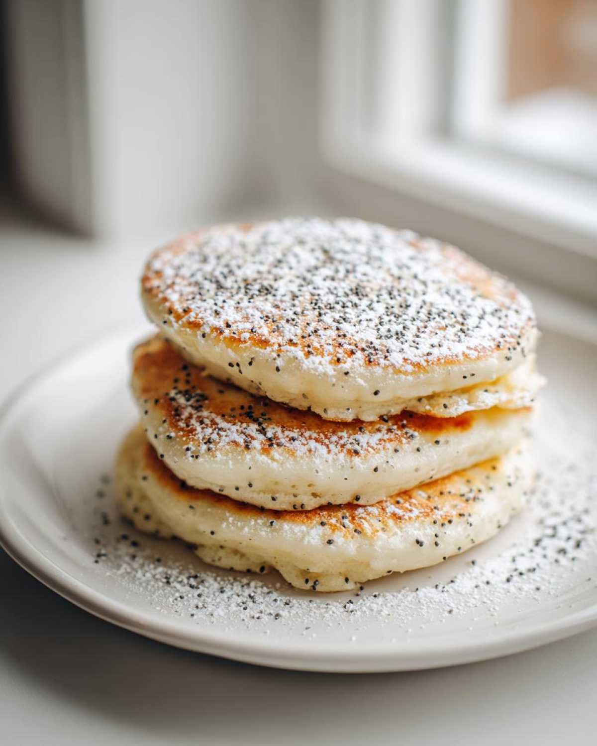 A close-up stack of three fluffy Vegan Lemon Poppy Seed Pancakes topped generously with powdered sugar and visible poppy seeds.