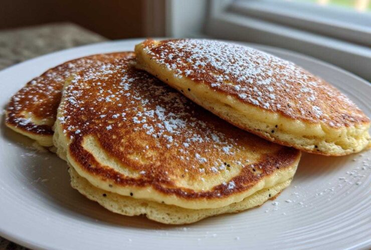 A stack of three fluffy Vegan Lemon Poppy Seed Pancakes dusted with powdered sugar on a white plate.