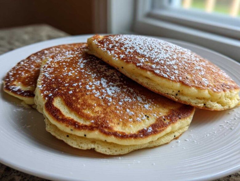 A stack of three fluffy Vegan Lemon Poppy Seed Pancakes dusted with powdered sugar on a white plate.