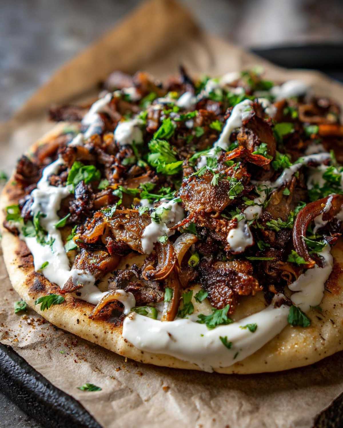 Close-up of Vegan Mushroom Shawarma piled high on a piece of flatbread, drizzled with white sauce and fresh parsley.