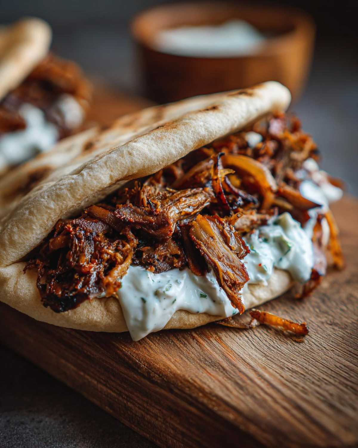 A close-up of a Vegan Mushroom Shawarma served in a warm pita bread with creamy white sauce on a wooden board.