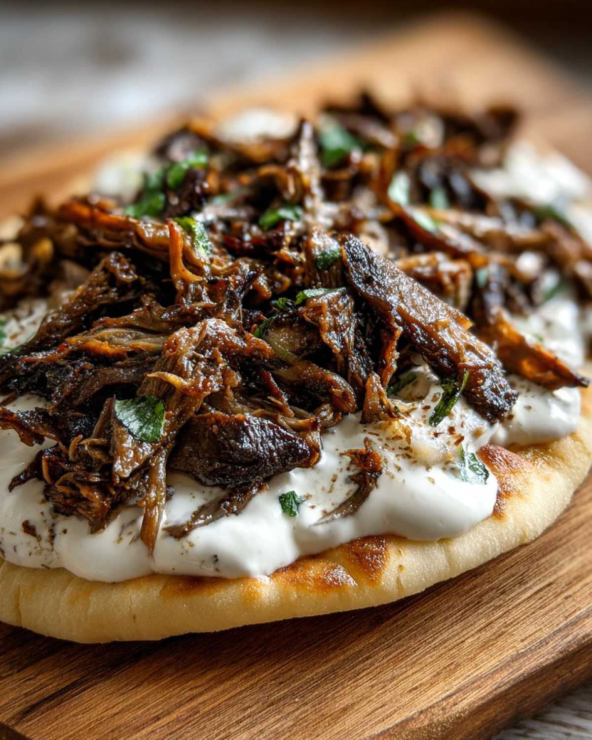 Close-up of savory Vegan Mushroom Shawarma piled high on a piece of pita bread with white sauce.