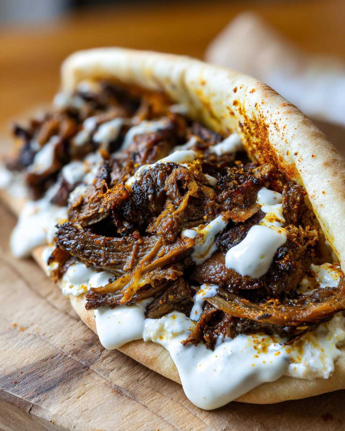 Close-up shot of a delicious Vegan Mushroom Shawarma stuffed into pita bread with white sauce.