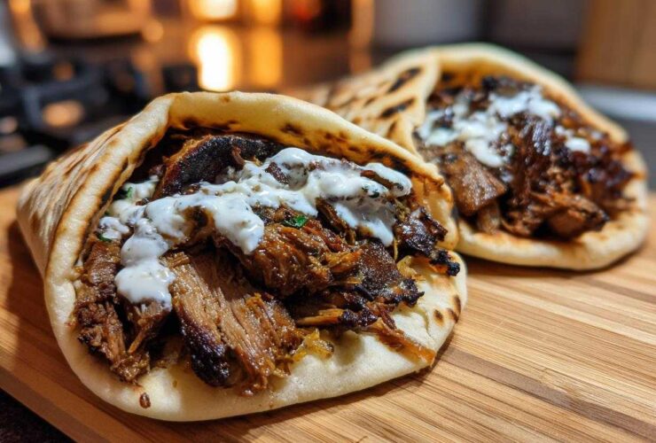 Two servings of Vegan Mushroom Shawarma stuffed into warm pita bread and drizzled with white sauce, resting on a wooden cutting board.