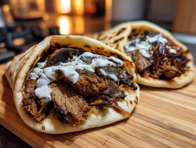 Two servings of Vegan Mushroom Shawarma stuffed into warm pita bread and drizzled with white sauce, resting on a wooden cutting board.