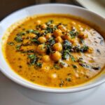 A close-up of a rich, orange-yellow Vegetarian Chickpea Curry with coconut milk, topped generously with fresh cilantro.