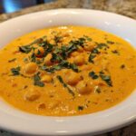 A bowl of rich, orange Vegetarian Chickpea Curry with Coconut Milk garnished with fresh cilantro.