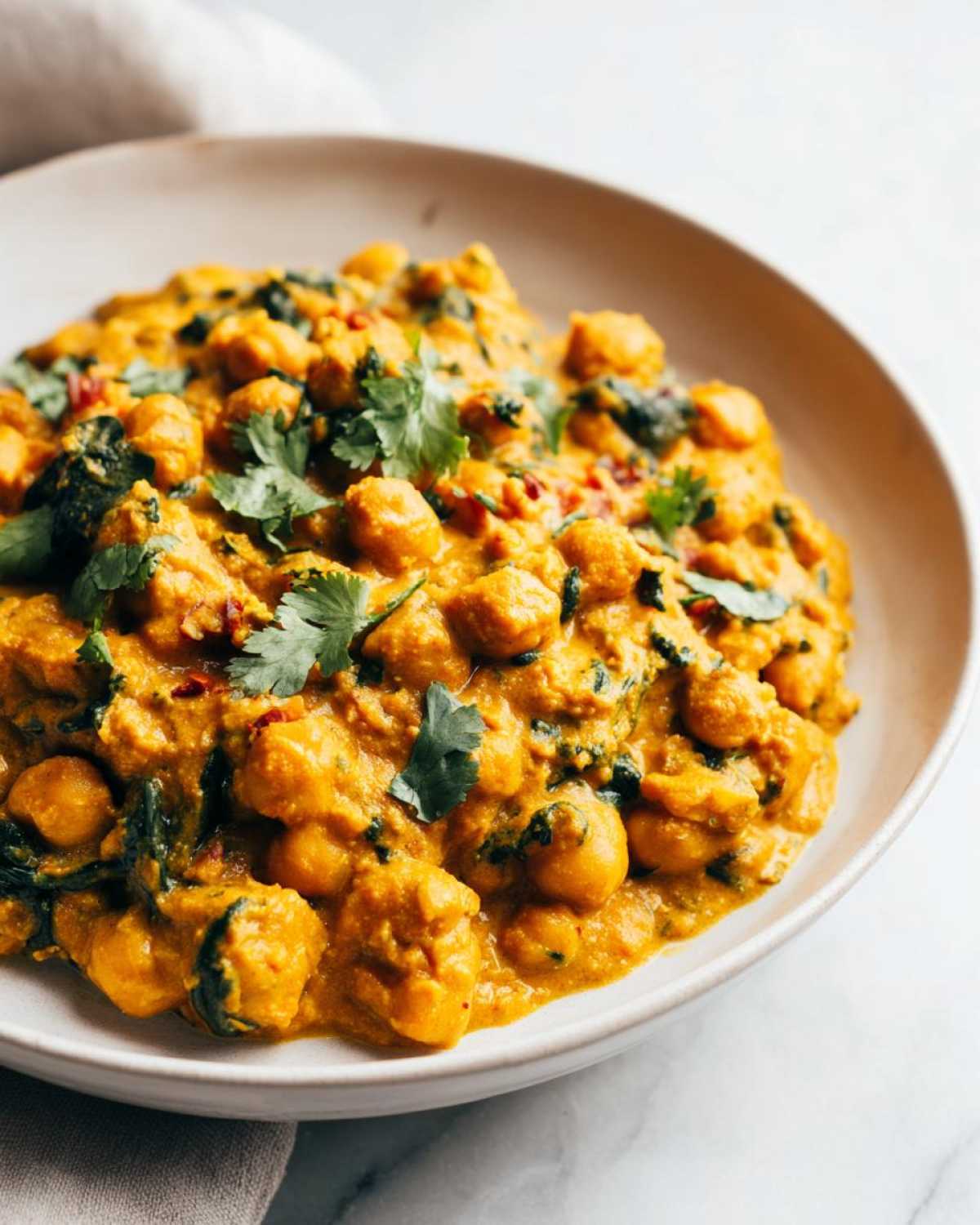 A close-up shot of rich, creamy Vegetarian Chickpea Curry with coconut milk, garnished with fresh cilantro.