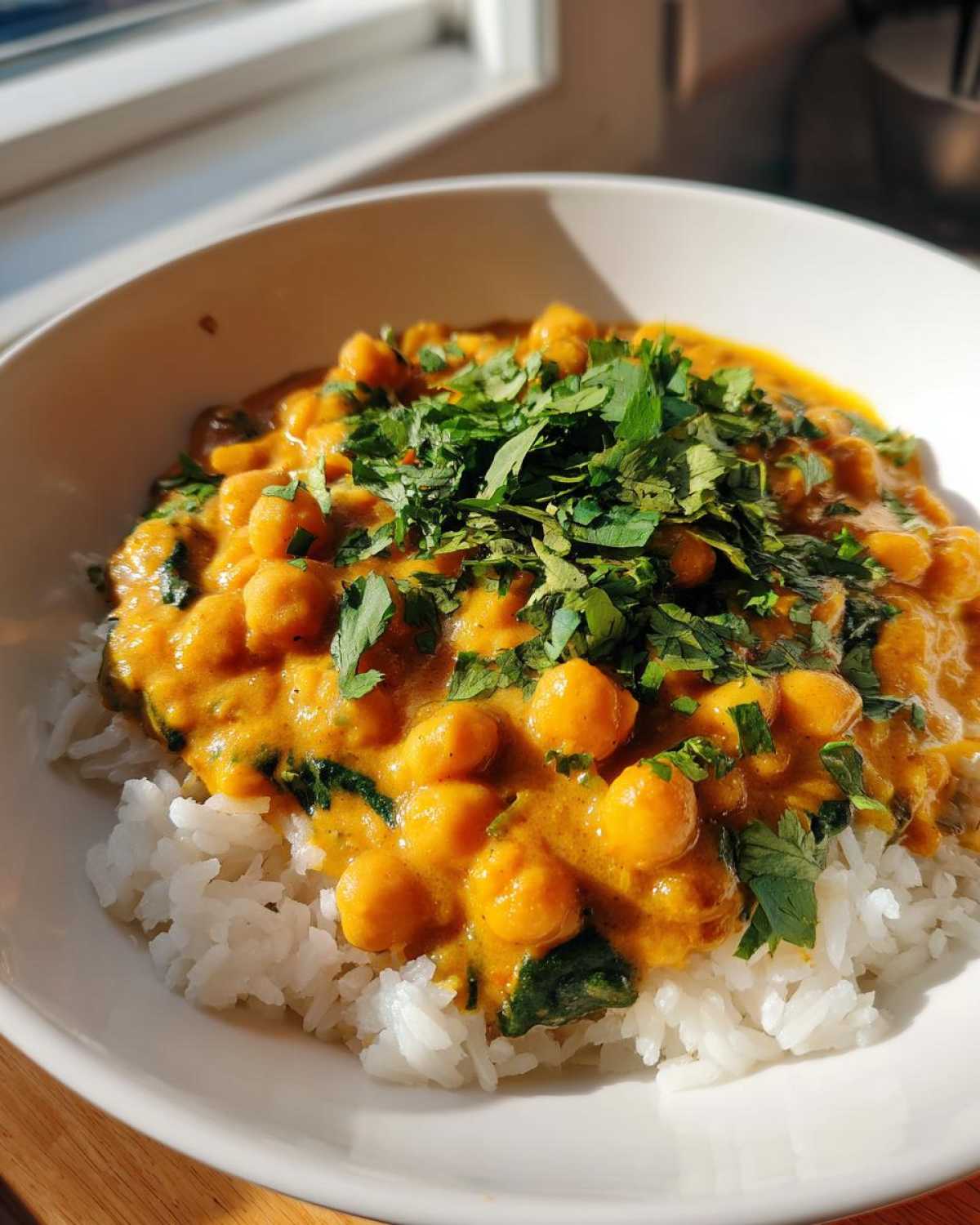 A bowl of creamy Vegetarian Chickpea Curry with Coconut Milk served over white rice and topped with fresh cilantro.