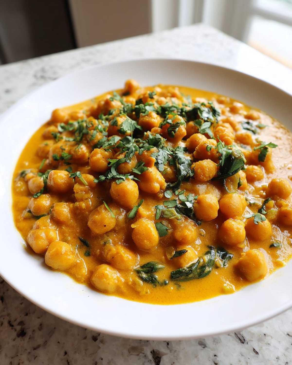A close-up of a bowl of rich, orange Vegetarian Chickpea Curry with Coconut Milk, topped with fresh cilantro.
