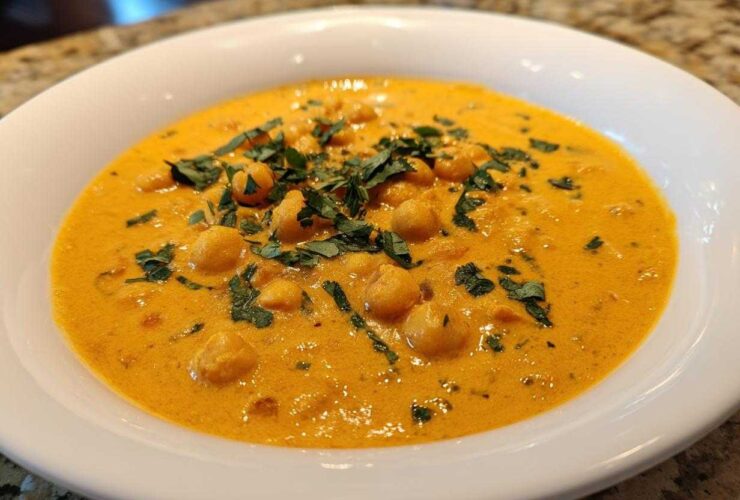 A bowl of rich, orange Vegetarian Chickpea Curry with Coconut Milk garnished with fresh cilantro.