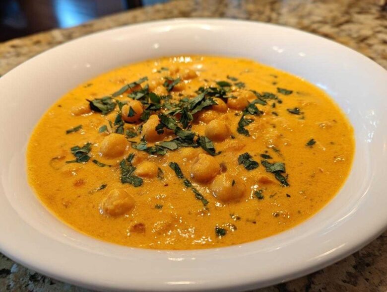 A bowl of rich, orange Vegetarian Chickpea Curry with Coconut Milk garnished with fresh cilantro.